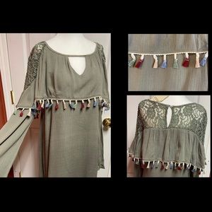womans M Jodifl olive dress with Sheer lace/tassel details. NWT